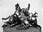 Scuplture of a man wrestling a lion.