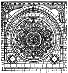 An ornamental window of a circular form, with rosettes, or radiating divisions, of different colors.