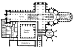 The plan of the Westminster Abbey in London with elements indicated.