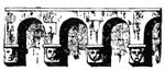 A series of semicircular arches which cut one another in a wall, supported by timbers with their ends projecting out and carved into heads, faces, lion's heads, etc.