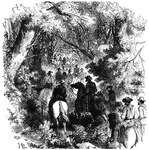 "Advance of General Rosecrans's division through the forests of Laurel Hill to attack the Confederate intrenchments at Rich Mountain. General McClellan's plan for attacking the Confederates under General Garnett in Western Virginia and driving them beyond the Alleghanies involved the surprise of a large body strongly intrenched at Rich Mountain, in a position commanding the turnpike over Laurel Hill. He detailed General Rosecrans to surprise them. This in turn involved a circuitous march through the dense forests of Laurel Hill, over a wild nd broken country. General Rosecrans's column of 1,600 men was guided by a woddsman named David L. Hart, who described the march as follows: "We started at daylight, and I led, accompanied by Colonel Lander, through a pathless wood, obstructed by bushes, laurels, fallen timber and rocks, followed by the whole division in perfect silence. It ended in the utter rout and final capture of the Confederates under Colonel Pegram, with a loss of 150 killed and 300 wounded." &mdash; Frank Leslie, 1896
