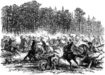 "Gallant charge of the Sixth Regiment, United States Regular Cavalry, upon the Confederate Stuart's Cavalry- the Confederates scattered in confusion and sought safety in the woods, May 9th, 1862. At three o'clock P.M. on May 9th, 1862, eighty men of the Sixth Regular Cavalry had advanced to Slatersville, when a considerable force of the enemy was observed directly in front. The Sixth charged upon the Confederates, and obliged them to retreat precipitately. The charge made by the Federal cavalry at the commencement of the skirmish was splendidly executed, and elicited the praise of the general in command of the troops. The Confederate cavalry was advancing toward the Federals when they formed in line and waited the approach of the enemy. when he had arived sufficiently near they made dash upon him, cutting their way through the line and causing the utmost confusion to prevail, after which they returned to quarters by a road leading through the woods on the right of the enemy." &mdash; Frank Leslie, 1896