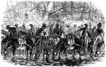 "[African American] drivers of the baggage train attached to General Pleasonton's Cavalry brigade watering their mules in the Rappahannock. General Pleasonton's cavalry was attended by a very efficient forage brigade, consisting of mules and [African American] riders. Our sketch represents their drivers taking them to water at the river. The hard work these animals will endure is something wonderful, and justifies the high estimation in which they are held in the army." — Frank Leslie, 1896