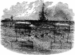 "Infernal machine designed by the Confederates to destroy the Federal Flotilla in the Potomac discovered by Captain budd of the steamer "Resolute." An infernal machine designed by the Confederates to blow up the "Pawnee" and the vessels of the Potomac flotilla, which was set adrift near Aquia Creek, was picked up on the 7th of July, 1861, floating toward the "Pawnee." The following description of the article was sent to the Navy Department: "Two large eighty-gallon oil casks, perfectly watertight, acting as buoys, connected by twenty-five fathoms of three-and-a-half-inch-rope, buoyed with large squares of cork, every two feet secured to casks by iron handles. A heavy bomb of boiler iron, fitted with a brass tap and filled with powder, was suspended to the casks six feet under water. On top of the cask was a wooden box, with fuse in a gutta-percha tube. In the centre of the cork was a platform with a great length of fuse coiled away, occupying the middle of the cask." &mdash; Frank Leslie, 1896