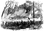 "Battle of Shiloh, or Pittsburg Landing, left wing- the woods on fire during the engagement of Sunday, April 6th, 1862- Forty-Fourth Indiana Volunteers engaged. The right wing of General Hurlbut's division stopped the advance of the Confederates by a determined defense along a side road leading through the woods on the right of the field. The Twenty-fifth and Seventeenth Kentucky and Forty-fourth and Thirty-first Indiana Regiments were engaged. By some means the dry leaves and thick underbrush which covered this locality took fire, filling the woods with volumes of smoke, and only discovering the position of the opposing forces to each other by the unceasing rattle of musketry and the whizzing of the bullets." — Frank Leslie, 1896