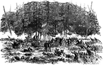 "Gordon's and Crawford's Brigades driving the Confederate forces from the woods at the Battle of Cedar Mountain, August 9th, 1862. As soon as the order to advance was given the brigade moved forward, until it came to the open field, in perfect silence. As soon as it was clear from the woods, with a cheer that could have been heard all over the battle ground, it took the double-quick, and though at every step its ranks grew thinner from the murderous fire through which it passed, yet there was no faltering, no hesitancy; onward, across the field, up the slope and into and through the woods it went, until it met the second line of the enemy's overpowering forces. Forced at last to yield to overwhelming odds, it retired over the ground gained at such a frightful cost until it reached the cover from which it started. Here what remained held their position until the third brigade could come to its support. When exhausted, cut to pieces, its officers all gone, with no one to direct it, those who survived gathered as fast as thy could, and in the morning all that was left of that brigade was less than seven hundred men." — Frank Leslie, 1896