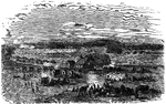 "The Confederate batteries shelling the Federal position on the night of the Battle of Cedar Mountain, August 9th, 1862- wounded men lying on the ground, McDowell's division marching on the field. The scene at night was very striking. It was past ten o'clock, and there was a bright moonlight and a clear blue sky. The Federal troops were on a rising ground, while the enemy's batteries were shelling from the woods, the Federal batteries replying, and one by one driving them further back. The hospital was near the Federal position, and wounded men wre lying on the ground, waiting their turn to receive surgical attention. Near them were groups of stragglers, ambulances, ammunition wagons, etc." — Frank Leslie, 1896
