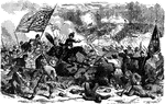 "Battle of Winchester, VA., March 23rd, 1862- decisive bayonet charge of the Federal troops, led by General Tyler. The contest raged furiously till three o'clock in the afternoon, the fighting being done chiefly by the artillery and the musketry, at a range of not more than three or four hundred yards, and often much less. The Confederate infantry opposite the right now debouched from the woods, and attempted to capture Doan's battery by a charge. The first effort was nearly successful, but the heavy discharge of grape compelled them to retire in confusion. A second and weaker attempt likewise failed, and the enemy fell back, with heavy loss, behind the stone parapet. General Tyler then ordered his brigade to charge the enemy's batteries on the left, and a most deadly encounter followed. Twice the Federals reeled under storm; but in the third effort they routed the Confederates with tremendous slaughter, amid loud cheering, capturing two of their guns and four caissons." &mdash; Frank Leslie, 1896