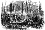 "Gallant attack by 150 of the Pennsylvania Bucktails, led by Colonel Kane, upon a portion of General Stonewall Jackson's Confederate Army, stronly posted in the woods, near Harrisonburg, Friday, June 6th, 1862. We illustrate one of the most heroic actions of the war, the attack of the famous Bucktails, under their gallant leader, Colonel Krane, upon a large portion of Stonewall Jackson's army, consisting of infantry, cavalry and artillery. The spot where this deadly conflict took place was about a mile and a half beyond Harrisonburg, on the road to Port Republic, toward which place the Confederates were in full retreat, closely but warily pursued by Generals Fremont and Shields. On Friday, June 6th, Colonel Sir Percy Wyndham, of the First New Jersey Cavalry, having been sent by General Bayard to reconnoitre, was led into an ambuscade, where his regiment was fearfully cut up, and himself wounded and taken prisoner. It will be seen that the humanity of Colonel Krane led him into a similar trap. News of what had occurred was rapidly transmitted to headquarters, and General Bayard was ordered out with fresh cavalry and a battalion of Pennsylvania Bucktails. But the Sixtieth Ohio had already beaten back the bold Confederates. The evening was waxing late; General Fremont did not wish to bring on a general engagement at this hour, and the troops were ordered back. "But do not leave poor Wyndham on the field, and all the wounded," remonstrated brave Colonel Krane of the Bucktails. "Let me at 'em, general, with my Bucktails." "Just forty minutes I'll give you, colonel," said General Bayard, pulling out his watch. "Peep through the woods on our left, see what is in there, and out again when the time is up." In go the 150 at an opening in the pines; they were soon surrounded by a cordon of fire flashing from the muzzles of more than a thousand muskets; but not a sign, nor the shadow of a sign, of yielding. Their fire met the enemy's straight and unyielding as the blade of a matador. Oh for re-enforcements! But none came. The brave Bucktails were forcd to retreat across the fields of waving green, firing as they did so- but not the 150 that went in. The rest lie under the arching dome of the treacherous forest." — Frank Leslie, 1896
