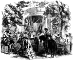 "Scene in Adams Express office, at Fortress Monroe, VA., in 1861- Volunteers receiving letters and packages from home. It is only those who had relatives in camp that could tell the feverish anxiety of the troops to hear from those they had left at home. We need hardly describe a scene which so thoroughly explains itself. The name of Adams Express was a household one, both to the donor and receiver of good things sent to the absent soldier." — Frank Leslie, 1896