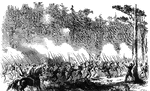 "Battle of Charles City Road- charge of the Jersey Brigade- the first New Jersey brigade, General Tayler, detaching itself from General Slocum's division and rushing to the support of the General Kearny's division, which had been driven back, thus turning the fortunes of the day, June 30th, 1862, six o'clock p.m." —Leslie, 1896