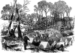 "Camp of the Ninth Massachusetts Regiment in the woods, one mile from the Confederate fortifications, Yorktown, VA., April 10th, 1862. On the 5th of April, 1862, the Federal advance neared the centre of the Confederate position, and found that its fortifications commanded the approach to Yorktown. It was here that Captain Martin's Massachusetts battery opened upon the enemy's forts and made several splendid shots. The Confederates returned the fire, killing a Federal gunner; a second shot wounded another, and a third killed one and wounded two more. The excellence of this practice immediately convinced Captain Martin that he had unfortunately placed his battery in front of a Confederate target. He consequently withdrew to the camp in the woods. The scene our artist has sketched is about one mile from Yorktown, and is in that part of the peninsula where it is only eight miles from river to river." —Leslie, 1896