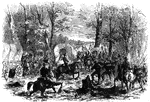"Advance of Federal troops on Corinth- the Carnival of Mud- scene at Lick Creek Bottom, between Pittsburg Landing and Monterey, four miles from Corinth, May 5th, 1862- General Hurlbut's division forcing their way through the mud. Our illustration cannot fail to fasten the grand fact of mud firmly on the reader's mind. Our special artist, Mr. Lovie, carefully made the sketch on the spot at Lick Creek Bottom, when General Hurbut's division of Halleck's grand army was advancing from Pittsburg Landing to Monterey. In his letter he said: "Lick Creek Bottom is part of the road between Pittsburg Landing and Monterey. The hills on both sides are clayey ground, and the creek rises rapidly after every rain. On Monday, May 5th, an attempt was made to pull through the cannon and wagon train, but the mud was too deep, and the result was that in a few hours the bottom was filled with wagons and mules, hopelessly mired, and waiting for dry weather to be dug out. A moment's reflection will enable you to get a faint idea of the enormous task before us. The bottom land is very deep and rich, and only those who have tested the adherent and adhering qualities of this soil can appreciate its glorious consistency and persistency thoroughly. I have had considerable experiences of mud, but, in all my rides, or, rather, wallowings, I have seldom experienced such difficulty in getting my horse along, and I only succeeded by driving my spurs so vehemently into his poor sides, that he made those desperate plunges which carried us through." &mdash;Leslie, 1896