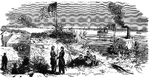"View of New Berne, N. C., from the interior of Fort Thompson after its capture by the Federal forces- burning of Rosin Works, railway bridge and naval stores, and showing vessels sunk in the channel of the Neuse River, to prevent the approach of Federal gunboats. Captain Rowan, in his account of the doings of his gunboats, after modestly narrating the important services he rendered General Burnside the day previous in the debarkation of the land forces, thus recounts his own separate share of the expedition to New Berne: "At 6:30 A.M. on Friday, April 14th, 1862, the fleet steadily moved up and gradually closed in toward the batteries. The lower fortification was discovered to have been abandoned by the enemy. A boat was dispatched to it, and the Stars and Stripes planted on the ramparts. As we advanced the upper batteries opened fire upon us. The fire was returned with effect, the magazine of one exploding. Having proceeded in an extended line as far as the obstructions in the river would permit, the signal was made to follow movements of the flagship, and the whole fleet advanced in order, concentating our fire on Fort Thompson, mounting 13 guns, on which rested the enemy's land defenses. The army having with great gallantry driven them out of these defenses, the fort was abandoned."" —Leslie, 1896