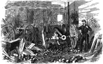"Interior of the outbuilding attached to Marshal Kane's Police Headquarters, Holliday Street, Baltimore- discovery of cannon, muskets and ammunition intended for the service of the Secessionists. General Banks promptly arrested Marshal Kane as the most active Secessionist in Maryland, and incarcerated him in Fort McHenry. He supplied his place by Colonel Kenley, a tried and trustworthy officer. Provost Marshal Kenley actively pursued his search after concealed arms. He took possession of the late marshal's office, the entrance of which was guarded by a cannon planted in the hall and officers with drawn swords, a precautionary measure rendered necessary by the disturbed state of the city. The search after arms was eminently successful. In an old back building of the City Hall, used by Marshal Kane, were found two 6-pounder and two 4-pounder guns, half ton of assorted shot, four hundredweight of ball, eight hundred rifle-ball cartridges, gun carriages, etc. In the office and under the marshal's office, in the floors and in the ceiling, arms and ammunition were found, among them a case of splendid pistols, two hundred and fifty muskets and rifles, twenty-five of which were Minie, besides several muskets which were supposed to belong to the Massachusetts soldiers disarmed by the mob on April 19th." —Leslie, 1896