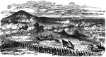 "Battle of Cedar Mountain, fought Saturday, August 9th, 1862, between the Federal troops commanded by General Banks and the Confederate Army led by Generals Jackson, Ewell, Winder, etc.- final repulse of the Confederates. General Pope's report of the battle is as follows: "On Saturday, August 9th, 1862, the enemy advanced rapidly to Cedar Mountain, the sides of which they occupied in heavy force. General Banks was instructed to take up his position on the ground occupied by Crawford's brigade, of his command, which had been thrown out the day previous to observe the enemy's movements. He was directed not to advance beyond that point, and if attacked by the enemy to defend his position and send back timely notice. The artillery of the enemy was opened early in the afternoon, but he made no advance until nearly five o'clock, at which time a few skirmishers were thrown forward on each side under cover of the heavy wood in which his force was concealed. The enemy pushed forward a strong force in the rear of his skirmishers, and General Banks advanced to the attack. The engagement did not fairly open until after six o'clock, and for an hour and a half was furious and unceasing. I arrived personally on the field at 7 P.M., and found the action raging furiously. The infantry fire was incessant and severe. I found General Banks holding the position he took up early in the morning. His losses were heavy. Ricketts's division was immediately pushed forward and occupied the right of General Banks, the brigades of Crawford and Gordon being directed to change their position from the right and mass themselves in the centre. Before this change could be effected it was quite dark, though the artillery fire continued at short range without intermission. The artillery fire, at night, by the Second and Fifth Maine batteries in Ricketts's division of General McDowell's corps was most destructive, as was readily observable the next morning in the dead men and horses and broken gun carriages of the enemy's batteries which had been advanced against it. Our troops rested on their arms during the night in line of battle, the heavy shelling being kept up on both sides until midnight. At daylight the next morning the enemy fell back two miles from our front, and still higher up the mountain."" —Leslie, 1896