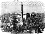"Review of Confederate troops on their march to Virginia, in front of the Pulaski Monument, Monument Square, Savannah, Ga., August 7th, 1861. The Pulaski Monument is situated in Johnson or Monument Square. It is a fine Doric obelisk of marble, 53 feet in height. The base of the pedestal is 10 feet 4 inches by 6 feet 8 inches, and its elevation is about 12 feet. The corner stone was laid by Lafayette during his visit to the United States in 1825. The needle which surmounts the pedestal is 37 feet high. Another and very elegant structure has also been erected to the memory of this gallant foreigner in Chippewa Square. Pulaski was killed in the attack made by the allied American and French armies in 1779, when the British held possession of Savannah." —Leslie, 1896