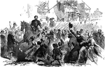 "General McClellan and the Federal troops passing through Frederick City, Md., in pursuit of the Confederate army- their enthusiastic reception by the inhabitants, September 12th, 1862. Most certainly it was distance that lent enchantment to the view of the eyes of the Marylanders, so far as the Confederate army was concerned, for it appeared that, instead of 50,000 recruits so confidently predicted by Mr. Miles, one of the Confederate Congress of Richmond, they did not actually realize more then 700, and of these nearly 300 refused to carry out their enlistments. All accounts proved that the Confederate army was of the Felstaffian regime, and not at all calculated to make a favorable impression upon the olfactory and pecuniary faculties of the Secessionists of Maryland. When the Confederate generals, with their staffs, entered Frederick City, they were at first welcomed, but when the ragged regiments made their appearance a change came over the spirit of their dream, and the inhabitants woke from their delusion. Our sketch reprsents the rapturous reception given to Gneral McClellan. It was a perfect ovation. Flowers were showered down upon the Federals, while the waving of flags and the cheers of the inhabitants completed the inspiring scene." —Leslie, 1896