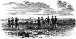 "Shelling of a Confederate camp on the Potomac by Lieutenant Tompkins, of the First Rhode Island battery. Lieutenant Tompkins, of the First Rhode Island Artillery, observing on the other side of the Potomac a Confederate camp, fixed one of his guns, and after one or two trials got the range so perfectly that they fled in the greatest confusion." &mdash;Leslie, 1896