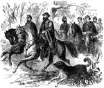"General Asboth and staff at the Battle of Pea Ridge, Ark., March 6th-8th, 1862. The gallantry displayed by General Asboth in the victory of Pea Ridge gives great interest to the spirited sketch of himself and staff which we present to our readers. Among the officers in the sketch were Acting Brigadier General Albert, Brigade Quartermaster McKay, the young commander of the Fremont Hussars, Major George E. Waring, Jr., from New York city, formerly major of the Garibaldi Guards, and the general's aids-de-camp, Gillen and Kroll, etc. Among General Asboth's most constant attendants was his favorite dog, York, a splendid speciment of the St. Bernard species." —Leslie, 1896