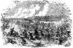 "Battle of Roanoke Island, February 8th, 1862- decisive bayonet charge of the Ninth New York Volunteers (Hawkins's Zouaves), on the three gun battery." —Leslie, 1896