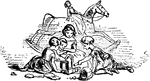 Children with toys and rocking horse.
