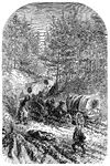 "Federal baggage train on its way to the army at Falmouth, VA., December, 1862. Our illustration represents a Federal baggage train hastening on to Falmouth with commissary stores for General Burnside's army before the crossing of the Rappahannock to attack Fredericksburg. The immense labor and fatigue attendant on operations in this region may be conceived by our sketch. The fearful road over rocks and cliffs, the storms, the constant fear of surprise by the enemy, where escape and defense are alike impossible, give to the life of the army train all the perils of romance."— Frank Leslie, 1896