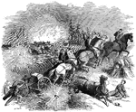 "Federal artillery taking up position at the Battle of South Mountain. The Federal movement was admirably executed in face of the well-directed fire from the Confederates, who had the advantage of position and could contest almost every inch of the steep, wooded and rocky approach. By four o'clock (September 14th, 1862) the engagement became general, and the entire ground was vigorously contested until the crest was reached and darkness put an end to the fight. In this engagement the total loss on both sides in killed, wounded and missing was nearly 3,000. General Jesse L. Reno was killed while at the head of his command, and was replaced by General Cox, General Hatch and Colonel Wainwright being severely wounded."&mdash; Frank Leslie, 1896