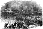 "'The Forlorn Hope.' Volunteers storming party, consisting of portions of the Seventh Michigan and Nineteenth Massachusetts crossing the Rappahannock in advance of the Grand Army, to drive off the Confederate riflemen who were firing upon the Federal pontioniers, Wednesday, December 10th, 1862. We illustrate one of those numerous acts of daring which have raised the character of the Federal soldier to the highest position in the military world. When the fire of the enemy from the rifle pits on the south side of the Rappahannock became so deadly that the pontoniers could not carry on their work, General Burnside called for 100 volunteers to cross and dislodge, at the bayonet's point, the concealed sharpshooters. Thousands sprang forward, but only the number required was chosen. These consisted of men from the Seventh Michigan and Nineteenth Massachusetts Regiments. With the utmost alacrity this gallant 'forlorn hope' sprang into the boats, and, on reaching the other side, drove the Confederates from their posts at the point of the bayonet, capturing 39 prisoners. Only one man was killed and give wounded in this desperate duty. The bridge was soon finished, and a sufficient force passed over to hold the town."— Frank Leslie, 1896