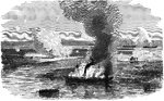 "Destruction of the famous Confederate privateer <em>Nashville</em>, in the Ogeechee River, Ga., by the Federal ironclad <em>Montauk</em>, Captain Worden, February 28th, 1863. Captain Worden's report: 'The enemy's steamer <em>Nashville</em> was observed by me in motion above the battery known as for McAllister. A reconnoissance immediately made proved that in moving up the river she had grounded in that part known as Seven' Miles Reach. Believing that I could, by approaching close to the battery, reach and destroy her, I moved up at daylight this morning, accompanied by the blockading fleet in these waters. By moving up close to the obstructions I was enabled, although under a very heavy fire from the battery, to appraoch the <em>Nashville</em> still aground, within the distance of twelve hundred yards. A few well-directed shells determined the range, and I soon succeeded in striking her with 11-inch and 15-inch shells. The other gunboats maintained a fire from an enfilading position upon the battery and the <em>Nashville</em> at long range. I soon had the satisfaction of observing that the <em>Nashville</em> had caught fire from the shells xploding in her in several places, and in less than twenty minutes she was caught in flames forward, aft and amidships. At 9:20 A. M. a large pivot gun mounted abaft her foremast exploded from the heat; at 9:40 her smoke chimney went by the board, and at 9:55 her magazine exploded with terrific violence, shattering her in smoking ruins. nothing remains of her. The battery kept up a continuous fire upon this vessel, striking her but five times, and doing no damage whatever.'"&mdash; Frank Leslie, 1896