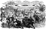"Return of a foraging party of the Twenty-fourth Regiment, Connecticut Volunteers, with their spoils, to Baton Rouge, having captured horses, carts, wagons, mules, contrabands, provisions, etc. On January 29th, 1863, General Grover, who commanded at Baton Rouge, having received intelligence that a large quantity of supplies had been gathered at a place some miles away, sent a foraging party, consisting of the Twenty-fourth Connecticut Regiment, to capture them. This was happily accomplished without losing a man, the Confederate guard flying at the first sight of the Federal party. The spoils were several horses, carts, wagons, mules, corn and potatoes, saying nothing of a few 'contrabands' who came to enjoy 'Massa Linkum's' proclomation."&mdash; Frank Leslie, 1896