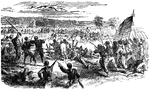 "Battle of Antietam, Burnside's Division, left wing- brilliant and decisive bayonet charge of Hawkins's Zouaves on the Confederate battery on the hill, right bank of Antietam Creek, near Sharpsburg, September 17th, 1862, utter route of the Confederates. This brilliant and decisive charge was made about five o'clock in the afternoon of Wednesday, September 17th. Our correspondent thus described the charge: 'On the left, during the afternoon, Burnside carried the bridge after an obstinate contest of several hours duration, and a loss of about five hundred killed and wounded. Hawkins's Zouaves then crossed and found the enemy ready drawn up under cover of the hills, and advanced in line of battle on the enemy's new position, about a half a mile distant. The ground over which they advanced was open clover and plowed fields, the latter very difficult and fatiguing to march in, owing to the softness of the ground. The enemy's guns, fourteen in number, kept up a terrible fire on our advancing line, which never wavered, but slowly toiled along, receiving shelter, however, when they were in the hollows. They were halted a few moments to rest in the hollow nearest the enemy's position, and then were ordered to charge with a yell. As they came up the hill in front of the enemy's batteries, they received a heavy volley from a large force of infantry behind a stone wall, about two hundred feet in front of the enemy's batteries. Our men, though terribly decimated, gave a volley in return, and then went on with the bayonet. The enemy did not stay to contest the ground, and, although two to one, broke and ran, leaving their guns.'"— Frank Leslie, 1896