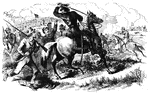 "Confederate cavalry driving stragglers and skulkers back to their duty at the Battle of Antietam. One of the greatest evils in a volunteer army is the practice of straggling. This decreases under the elevating process of discipline; but all our artists agree in declaring that they have seen nearly one-fourth of a regiment, including officers, dropping off one by one at convenient opportunities. In some cases this may have proceeded from sheer exhaustion, but generally it was for the purpose of cooking their rations, taking a nap, or for shirking a battle. Federal discipline was very lax in this respect, and more stringent regulations were imperatively demanded. The Confederate generals, whom no consideration of humanity ever restrained from making the most cruel examples, treated stragglers without mercy, and hundreds of these miserable men were cut down or shot by their own officers in their attempts to evade the stern necessity of battle. The result was that the Confederate troops very often fought with a desperation unknown in the modern warfare. Our artist, who from a hill at Antietam had a capital view of the field of battle, saw many instances in which some mounted Confederate officers rode amid a body of stragglers and drove them back into the conflict. Our sketch illustrates this peculiar mode of Southern drilling."— Frank Leslie, 1896