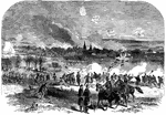 "Bombardment of Fredericksburg, Va., by the army of the Potomac, commanded by General Burnside, Thursday, December 11th, 1862. Our correspondent's report of this event: 'At ten o'clock General Burnside gives the order, "Concentrate the fire of all your guns on the city and batter it down!" You may believe they were not loath to obey. The artillery of the right- eight batteries- was commanded by Colonel Hays; Colonel Tompkins, right centre, eleven batteries; Colonel Tyler, left centre, seven batteries; Captain De Russy, left, nine batteries. In a few moments these thirty-five batteries forming a total of one hundred and seventy-nine guns, ranging from 10-pounder Parrotts to 41-inch siege guns, posted along the convex side of the arc of the circle formed by the bend of the river and land opposite Fredericksburg, opened on the doomed city. The effect was, of course, terrific, and, regarded merely as a phenomenon, was among the most awfully grand conceivable. Perhaps what will give you the liveliest idea of its effect is a succession, absolutely without intermission, of the very loudest thunder peals. It lasted thus for upward of an hour, fifty rounds being fired from each gun, and I know not how many hundred tons of iron were thrown into the town. The congregate generals were transfixed; mingled satisfaction and awe was upon every face. But what was tantalizing was, that though a great deal could be heard, nothing could be seen, the city being still eveloped in fog and mist. Only a denser pillar of smoke defining itself on the background of the fog indicated where the town had been fired by our shells. Another and another column showed itself, and we presently saw that at least a dozen houses must be on fire. Toward noon the curtain rolled up, and we saw that it was indeed so. Fredericksburg was in conflagration. Tremendous though this firing had been, and terrific though its effect obviously was on the town, it had not accomplished the object intended. It was found by our gunners almost impossible to obtain a sufficient depression of their pieces to shell the front part of the city, and the Confederate sharpshooters were still comparatively safe behind the thick stone walls of the houses.'"&mdash; Frank Leslie, 1896