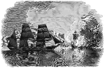 "'The Pirate's Decoy' Captain Semmes, of the Confederate privateer <em>Alabama</em>, decoying ships toward him by burning a prize vessel. The plan that Captain Semmes adopted to bring fish to his net was as follows: Whenever he captured a ship, after taking from her all that he and his officers wanted, he lay by her until dark, and then set her on fire. The light of the burning ship could be seen many miles, and every other ship within seeing distance stood toward the light, thinking to rescue a number of poor fellows from destruction. The pirate kept in the immediate vicinity, awaiting the prey that was sure to come, and the next morning the poor fellows who to serve the cause of humanity had gone many miles out of their course found themselves under the guns of the <em>Alabama</em>, with the certainty that before another twenty-four hours they would share the fate of the ship they went to serve."&mdash; Frank Leslie, 1896