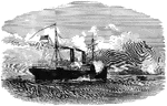 "The <em>Quaker City</em>, one of the Potomac Flotilla, engaging Confederate dragoons in Lynn Haven Bay, near Cape Henry, Va. The <em>Quaker City</em>, Commander Carr, one of the United States Flotilla of the Potomac, while cruising in Lynn Haven Bay, near Cape Henry, picked up a man named Lynch, a refugee from Norfolk, who represented that the master plumber of the Norfolk Navy Yard was ashore and wished to be taken off. An armed boatd which was sent for the purpose was fired upon when near the shore, mortally wounding James Lloyd, a seaman of Charlestown, Mass. A few 32-pound shells dispersed the Confederates." &mdash; Frank Leslie, 1896