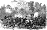 "Battle of Baker's Creek, May 16th, 1862- Defeat of the Confederates under Pemberton, by General Grant. On the 12th General Grant overtook General Gregg at Raymond, and after a stubborn fight defeated him, Gregg retreating with a loss of 7,000 men. Having been joined by reinforcements under General Walker, Gregg made a stand the next day at Mississippi Springs, but Grant again defeated him. On the 14th, in a still warmer engagement, he utterly defeated Gregg, who lost 400 men and 17 cannon, and fled through Jackson, firing the Capitol and many depots, storehouses and dwellings. On the 16th he met General Pemberton, with the whole garrison of Vicksburg, at Baker's Creek, and defeated him, driving him back toward Vicksburg, with a loss of 29 pieces of artillery and 4,000 men, and cutting him off from all hopes of relief. Pressing rapidly on, Grant, on the 17th, overtook Pemberton at Big Black River Bridge, and again defeated him, with a loss of 2,600 men and 17 guns. Pemberton then retired into the city, which Grant invested."— Frank Leslie, 1896
