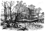 "Battle of Stone River, Tenn. The decisive charge of General Negley's division across the river- the Confederates flying in confusion. We question if a more spirited sketch was ever published than our double-page engraving representing the final charge of General Negley's division, on the afternoon of Friday, January 2nd, 1863, at the battle of Murfreesborough, or Stone River. About four o'clock in the afternoon General Rosecrans, seeing that the critical moment had arrived, gave orders for General Negley to cross the river and drive the enemy from his position. This was done in a manner worthy of the most disciplined troops in the world. The Eighteenth Ohio Regiment dashed into the river, the Nineteenth Illinois and Twenty-first Ohio following close behind. Our artist reported: 'The scene was grand in the extreme. It was indeed a momentous battle on a miniature scale. Nothing could resist our gallant men; on they rushed; the Confederates met the shock then wavered, and then were driven back at the bayonet's point, step by step, for some half mile, when they broke and fled, ever and anon rallying to check our too hasty pursuit. Night fell on the scene, and the victors and vanquished rested from their strife. Thus was won the great battle of Stone River, in which, if ever men met foemen worthy of their steel, they met them then.'"— Frank Leslie, 1896