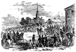 "The raid in Kentucky- the Confederate Morgan with his guerillas bivouacking in Courthouse Square, Paris, Bourbon County, after levying contributions on the inhabitants. The Confederate Morgan reached Paris and Cynthiana, both of which places he occupied, levying large contributions on its unfortunate inhabitants. Our artist reported that it was a most animated and interesting sight to see the blank dismay of the 'Parisians' when Morgan and his men dismounted and bivouacked in their fine square. Beyond some robberies there were no outrages committed. The Courthouse is a very imposing building, and, standing on the highest spot in the town, is visible for miles around."— Frank Leslie, 1896