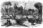 "The advance of Port Hudson. The baggage train of General Augur's division crossing the Bayou Montecino, March 13th, 1863. Our sketch represents a baggage train belonging to General Augur's division crossing a little creek, or bayou, about four miles from Baton Rouge. It will be remembered that General Banks made a feigned advance against Port Hudson on March 13th, in order to facilitate Commodore Farragut's movements past the batteries."&mdash; Frank Leslie, 1896