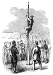 "Soldiers climbing up a greased pole. Thanksgiving festivities at Fort Pulaski, Ga., Thursday, November 27th, 1862. While the loyal citizens of the North were eating their turkeys the Federal soldiers in the South were also celebrating their Thanksgiving. We illustrate the amusement indulged in at Fort Pulaski, Ga. The grand attraction of the day, however, was th <em>fete</em> given by the officers of the Forty-eighth Regiment, New York Volunteers, Colonel Barton, and Company G, Third Rhode Island Regiment."— Frank Leslie, 1896