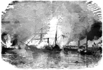 "Daring and desperate attack- surprise and capture of the United States gunboat <em>Harriet Lane</em> by the Confederates under General Magruder, and destruction of the flagship <em>Westfield</em>, in Galveston Harbor, Tex., January 1st, 1863. About two o'clock in the morning of January 1st, 1863, the Federal gunboats were attacked by five Confederate steamers, protected by double rows of bales of cotton, and loaded with troops armed with rifles, muskets, etc. The <em>Harriet Lane</em> was captured by boarding, after about all her officers, including Captain Wainwright and Lieutenant Commander Lee, and a crew of 130, all told, had been killed by muskettry from the Confederate steamers. The gunboats <em>Clifton</em> and <em>Owasco</em> were engaged and escaped, the former losing no men and but one wounded. The <em>Owasco</em> lost one killed and fifteen wounded. Two barks, loaded with coal, fell into the hands of the Confederates. The <em>Westfield</em> (flagship, Commodore Renshaw) was not engaged, being ashore in another channel. Her crew were transferred to transports, and Commodore Renshaw, fearing she would fall into the hands of the Confederates, blew her up. By some mismanagement or accident the exploion took place before a boat containing Commodore Renshaw, First Lieutenant Zimmerman and the boat's crew got away, and they were blown up with the ship. The Confederate force was estimated at 5,000, under the command of General Magruder. The Federal land force, under the command of Colonel Burrill, of Masschusetts, did not exceed 300, the residue not having disembarked at the time of the fight. The Federal loss was 160 killed and 200 taken prisoners. The navy suffered the most. The Confederate loss was much greater, as the Federal guns were firing grape and canister continually in their midst."&mdash; Frank Leslie, 1896
