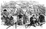 "The Banks Expedition- scene on the hurricane deck of the United States transport <em>North Star</em>- the soldiers of the Forty-first Massachusetts Regiment writing home to their friends, upon their arrival at ship island, Gulf of Mexico. We publish a sketch taken on the evening of the arrival of the Forty-first Massachusetts Regiment at Ship Island. The thoughts of the dear ones at home were uppermost in every soldier's mind, and in a very short time the hurricane deck of the steamer <em>North Star</em> was occupied by a regiment of letterwriters, all hard at work in the service of Cadmus. It is only those separated from all they hold dear who can realize the luxury of that invention which wafts a sigh from Indus to the Pole."&mdash; Frank Leslie, 1896