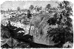 "Siege of Vicksburg. Life in the trenches- bivouac of Leggett's Brigade- McPherson's Corps at the White House. Our illustration shows the life led by the besieging troops. The deep ravine is studded with the rude huts, or quarters, burrowed in the earth. Here, at the White House, well riddled with Confederate shell, were bivouacked Leggett's Brigade of McPherson's Seventeenth Army Corps. To the left of the house an opening in the bank shows the entrance to the covered way by which the Confederate works were approached. The operation of mining the enemy's works is here shown. This was conducted by Captain Hickenloper, Chief Engineer of General McPherson's Staff. The sketch was made in the sap, within fifteen feet of the Confederate Fort Hill, behind which lay the Confederate sharpshooters, held at bay by Coonskin and other riflemen eagerly on the lookout for a Confederate head."&mdash; Frank Leslie, 1896