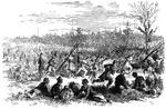 "Going into camp at Stafford's store, Va. Third Brigade, Third Division, Sixth Corps, carrying off rails and gathering persimmons. Stafford's store is on the road from New Baltimore to Falmouth, and had attached to it a meadow of about an acre, entirely surrounded with a rail fence, which was somewhat unusual in Virginia. When the Third Brigade of the Third Division and Six Army Corps approached it they found that they had come upon a place where the supplies were more abundant than in other districts; there were heard the cackling of hens, the crowing of roosters, the bleating of sheep, and all those pleasant sounds so suggestive of a good larder. Our artist significantly added that those sounds would be heard no more, plainly intimating that our hungry soldiers made their originators go the way of all flesh. It was a curious sight to see the Federal soldiers each pull up a rail and shoulder it. Before long, therefore, the fence had disappeared, leaving the field without the palisades."— Frank Leslie, 1896