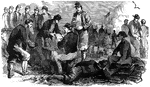 "Distributing rations and appointing a knapsack guard before a reconnoissance near Warrentown, Va. Our sketch represents the Federal soldiers receiving their rations and the appointment of a guard for their knapsacks. Thanks to our illustration, the exempts, whether sneaks, aliens, valetudinarians, or members of that peace society, the Home Guards, could get a pretty accurate idea of a soldier's life, and be present in spirit with their noble brothers on whom they had devolved the sacred duty of battle."&mdash; Frank Leslie, 1896