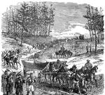 "The Pontoon bridge 'On The March'- the pontoon wagons on their way from Aquia Creek to the Rappahannock. Our correspondent wrote, under date of December 6th, 1862: 'Affairs in Virginia are assuming a portentous significance. General Burnside's army is concentrated on the north bank of the Rappahannock, opposite Fredericksburg, and the railway connecting his camps with his base of supplies at Aquia Creek, on the Potomac, is completed. A number of gunboats have ascended the Rappahannock to within fifteen miles of Fredericksburg, and will probably ascend the river quite to that point. Pontoon bridges and other appliances for crossing the river have also reached the Federal army, and the conditions for a speedy advance are nearly complete. Meanwhile, and in consequence of the delay of the Federal forces, itself the result of a rapid change of base without adequate advance provision, the Confederates have succeeded in concentrating their army in front of General Burnside, where they have been and still are busy in erecting fortifications to oppose his passage of the river.'"— Frank Leslie, 1896