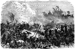 "Siege of Vicksburg, attack on the Confederate Works, May 22nd, 1863. Our sketch represents the terrible but fruitless assault made on Pemberton's last line of defense around the city of Vicksburg. On May 22nd, 1863, a tremendous assault was made on the grass-covered fortifications held by the Confederate army. These works consisted of a chain of forts about eight hundred yards apart, connected by deep intrenchments and extending for seven miles. Lawler's brigade rushed up amid a cross fire, and with heavy loss planted the Stars and Stripes on the edge of a parapet; but the enemy gathered there, and the Federals were overpowered. Landrum's brigade came to the relief, but faltered. McClernand ordered up Benton and Burbridge on the right. Sherman and McPherson also advanced, and at point after point the old flag fluttered for awhile on the works. On the extreme right Steele's division, with Blair on his left, advanced as Pemberton fell back, and, like the others, could only display the bravery of the men. Covered by the ravines which intersected the ground the Federal troops would get near the works and make a gallant rush onward, reach the parapet, yet when the edge of the fort was gained the interior was swept by a line of the rifle pits in the rear and a partition breastwork, so that the Federals, even when in the fort, were almost as far from victory as before. In one case a party of twelve Iowans led by a youth named Griffiths, took and held a fort, but all finally fell under the fire of their assailants except Griffiths, who, with musket and revolver, captured fourteen Confederates when had discharged their pieces, and brought them off. The Confederates used for almost the first time hand grenades, which they rolled down the sides of the works on the assaulting party in the ditch or clinging to the side. This dreadful day swept away thousands of gallant Federals. The siege now began in earnest. No army could stand such losses. Closer were the lines drawn around the enemy. Siege guns were mounted. The mines began their work, and the fortifications were assailed from beneath."&mdash; Frank Leslie, 1896