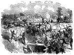 "The capture of Arkansas Post, Ark. General Stephen G. Burbridge, accompanied by his staff, planting the Stars and Stripes on Fort Hindman, January 11th, 1863. No sooner was the fort surrendered than General Burbridge and his staff sprang across the ditch, mounted the parapet, and planted the flag of the republic upon its bloody battlements, thus making a fitting <em>finale</em> to one of the most glorious achievements of the war. The number of prisoners surrendered was 5,000, the Federal forces in action being 27,000. An immense quantity of quartemaster's, commissary and ordinance stores were also obtained, among which were 20 guns, 8,000 stands of small arms, and 100 army wagons, with herds of horses and mules."— Frank Leslie, 1896