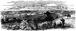 "Fredericksburg, Va., and the Confederate batteries and pickets, as seen from Falmouth Heights, headquarters of General Burnside. Our picture of Fredericksburg gives of course but a very small portion of the famous city, in sight of which our great founder was born, the family homestead being about two miles east of Falmouth where the view was taken. Here stood the famous cherry tree which the infant George cut and confessed to when his indignant father questioned him about it. About a mile to the north of the Rappahannock there is a short range of hills, called Falmouth Heights, which gradually slope to a point where the gully commences, in the centre of which runs the stream, which in dry weather is easy fordable."— Frank Leslie, 1896